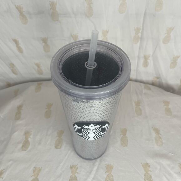 Starbucks Holiday 2017 Limited Edition Silver Sequin 24 oz cold cup NEW STRAW - Picture 2 of 5